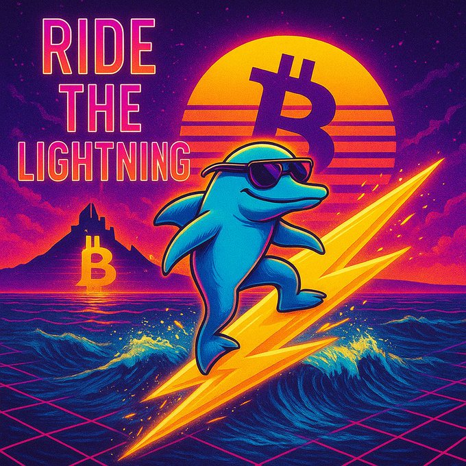 A retro 80s-style synthwave poster reading 'Ride the Lightning' featuring a dolphin in sunglasses surfing a lightning bolt, with Bitcoin logos in the sunset background.