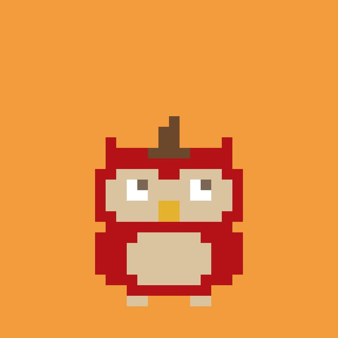 A pixel art character resembling a small red creature or creature in a red suit with white eyes, a yellow beak/mouth, and small feet, set against an orange background.