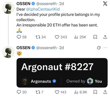 Twitter post from OSSEN (@osseneth) offering 20 ETH for a profile picture by @LphaCentauriKid, showing an 'Argonaut #8227' NFT owned by the user.
