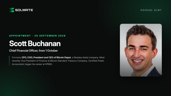 A corporate announcement slide from Solmate (NASDAQ: SLMT) dated '30 SEPTEMBER 2026', announcing the appointment of 'Scott Buchanan' as Chief Financial Officer, effective from 1 October, alongside his headshot.