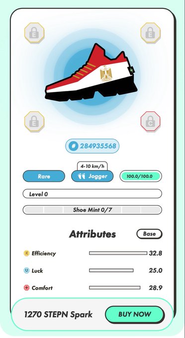 The image shows a white phone screen displaying an app called "Stepn Spark", which appears to be a shoe shopping app. The app has a blue background with white text, and there are several icons representing different features of the app such as "RUN", "LIMIT", and "SKIP". The main focus is on the red shoe displayed in the center of the screen, along with some other shoes visible around it.