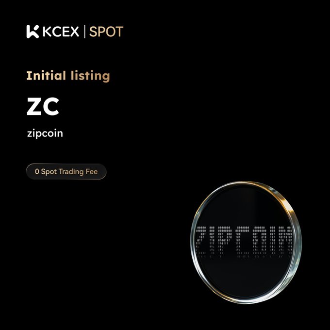 A KCEX Spot exchange listing announcement for 'ZC' (zipcoin) with '0 Spot Trading Fee' promotion, featuring a metallic circular logo with 'ZIPCOIN' text.
