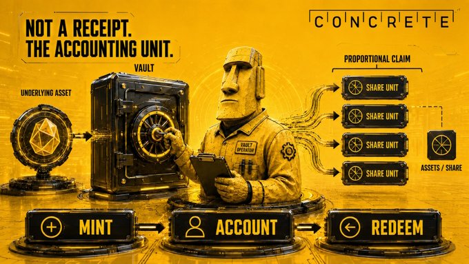 An infographic for an accounting unit concept titled "NOT A RECEIPT. THE ACCOUNTING UNIT." by CONCRETE, showing a vault operator managing underlying assets through MINT, ACCOUNT, and REDEEM processes with proportional claim share units.
