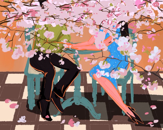 A stylized digital illustration of two seated figures partially hidden by branches heavy with pink cherry blossoms, set against an orange background with a checkered floor.