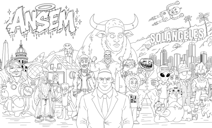 A black-and-white line art illustration features "ANSEM" and "SOL ANGELES" graffiti-style text alongside an astronaut bull with a halo, surrounded by various meme characters including Trollface, Shiba Inu, Cheems, and Goku, with city skylines and a Bitcoin rocket in the background. The artwork visually represents the crypto memecoin community's enthusiasm for ANSEM, depicting the meme culture and bullish sentiment referenced in the post about purchasing the token.