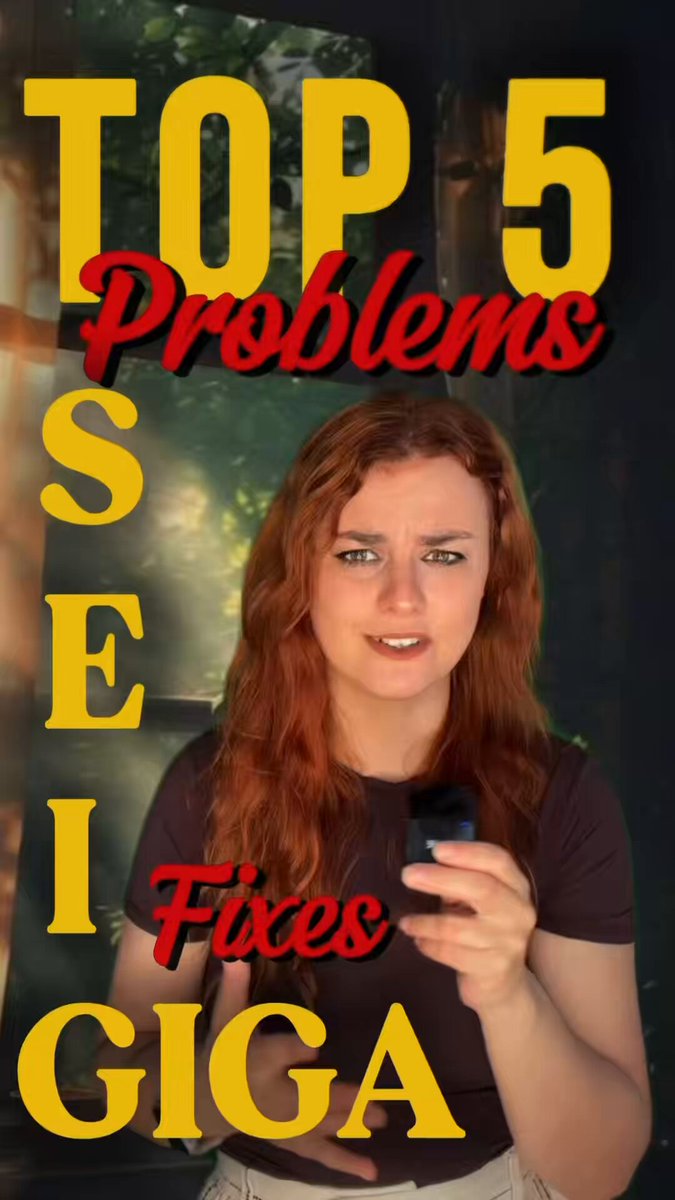 The image features a woman with red hair holding up a cell phone, which has a message written on it that says "Top 5 PROBLEMS SEI GIGA WILL FIX Crypto wants a billion users. Most blockchains can’t even handle a million." The woman is wearing a black shirt and appears to be in front of a window with trees outside.