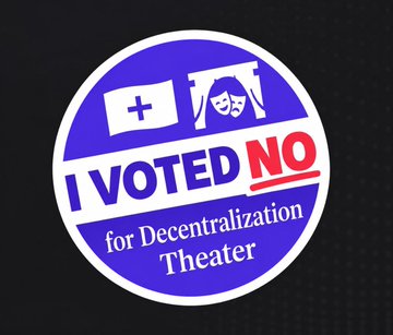 A circular purple and white sticker reads 'I VOTED NO for Decentralization Theater' featuring small icons of a ballot box and theater masks.