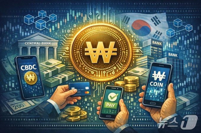 The image illustrates the concept of a South Korean won-backed digital currency, showing a central bank building, stacks of cash, coins, smartphones displaying "CBDC" and "WON COIN" with payment options, and the Korean flag. This visually represents the "bank-centered" issuance of stablecoins by the Bank of Korea.