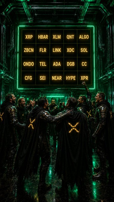 The image shows a group of people standing around a large screen displaying various cryptocurrency names, including XLM, XRPC, HBR, HBCD, DOGE, DOGO, DOGC, DOGG, DOGH, and others. The people are dressed in black robes or suits with hoods on their heads, suggesting that they might be participants in a ceremony or event related to cryptocurrency trading or investment. The screen is illuminated by neon lights, creating an atmosphere of excitement and anticipation for the future of digital assets.