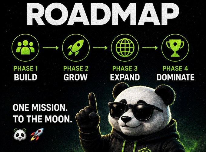 The image features a cartoon panda wearing sunglasses, holding up its paw with an upward gesture as if pointing towards the sky or a rocket ship. The panda appears to be giving instructions for a mission related to space exploration. The background of the image is black and white, providing contrast to the colorful panda character. In the bottom right corner of the image, there are three green circles labeled "Build", "Grow", and "Expand". These circles represent different stages or phases in the process of building a community around the mission.