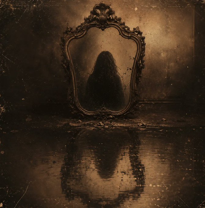 A dark, eerie scene shows an ornate, antique mirror reflecting a shadowy, long-haired figure, with the reflection also visible in a puddle on the floor.