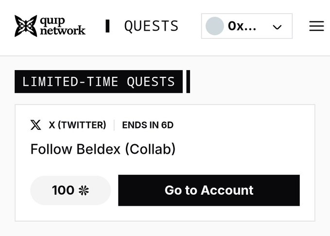 A Quip Network Quests page showing a limited-time X (Twitter) quest to follow Beldex (Collab) worth 100 points, ending in 6 days.
