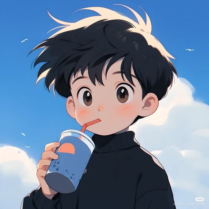 The image features a young boy with black hair wearing a sweater, holding a drink that has a straw in it. The background of the image shows clouds against a blue sky, creating an impression of a bright and sunny day. The caption for the image reads "Good morning everyone Can i get Gm?? That’s exactly the feeling around [ @River4fun ] and [ @RiverdotInc ] lately $RIVER Season 5 feels more creator-driven and community-powered than previous cycles Also @useTria".