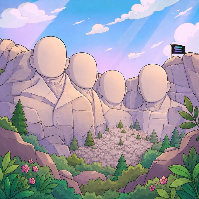An illustrated cartoon showing large stone statues carved into a mountainside resembling Mount Rushmore, but with Tesla logos in place of faces, with a flag bearing an 'X' or similar logo flying nearby.