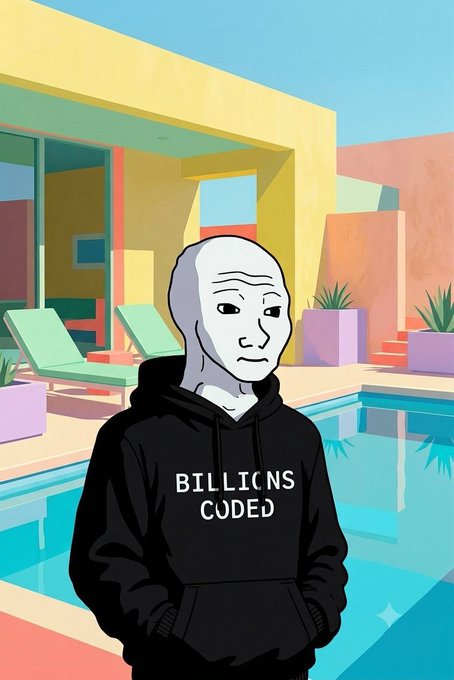 A digital illustration of a figure with a featureless, sagging humanoid face wearing a black hoodie with the text 'BILICNS CODED', standing in front of a vibrant, colorful poolside background.