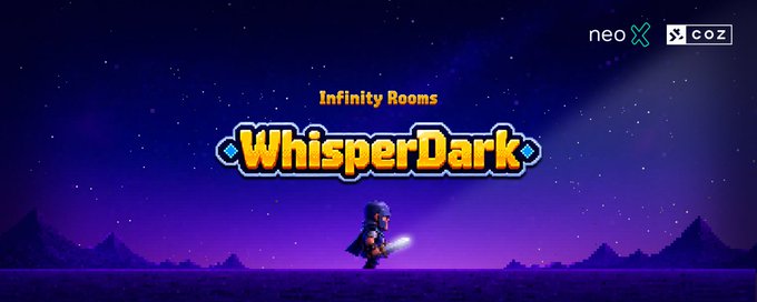 A promotional banner for the "WhisperDark" game, part of the "Infinity Rooms" series, featuring a pixel-art character wielding a glowing sword against a starry purple sky. The image relates to the post by promoting an AI-powered gaming experience built on the Neo X blockchain, with logos for Neo X and CoZ displayed in the corner.
