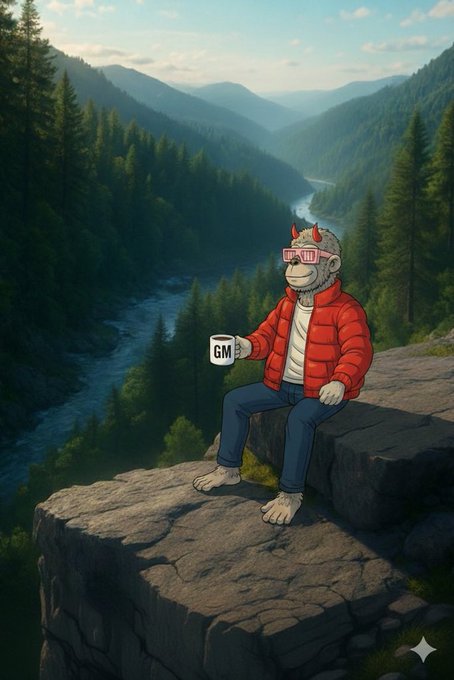 An illustration shows a character with devil horns, pink shutter shades, and a red puffer jacket sitting on a rocky cliff holding a mug labeled "GM" overlooking a forested river valley.