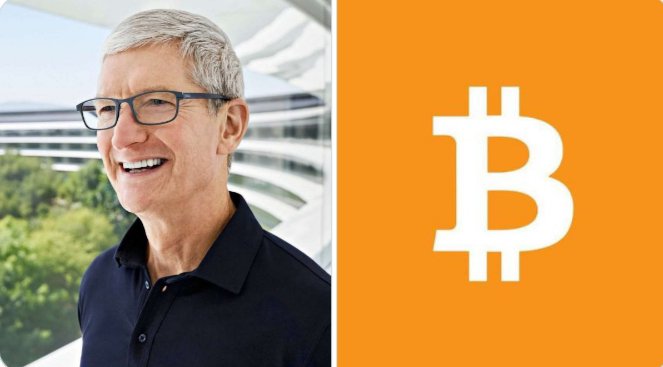 Apple CEO Tim Cook smiles alongside the Bitcoin logo on an orange background, visually tying his public endorsement of BTC to the cryptocurrency's growing acceptance among top tech executives.