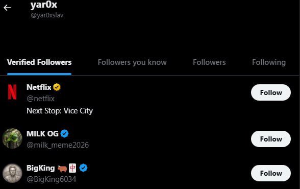 The image shows a Twitter/X profile page for "yar0x" (@yar0xslav) displaying their Verified Followers tab, which includes Netflix (@netflix), MILK OG (@milk_meme2026), and BigKing (@BigKing6034). The tweet "Holyyyy $CHILL" appears to express excitement about gaining notable verified followers, possibly alluding to the $CHILLGUY meme coin.