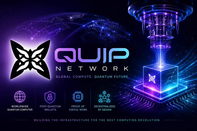 Promotional graphic for 'QUIP NETWORK' featuring the tagline 'GLOBAL COMPUTE. QUANTUM FUTURE.' and listing features: worldwide quantum computer, post-quantum wallets, proof of useful work, and decentralized by design.