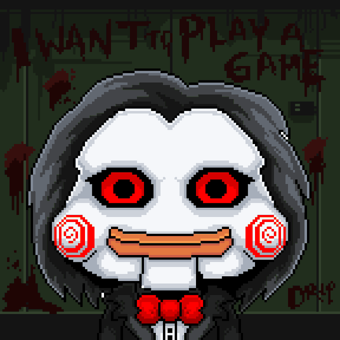 A pixel art illustration of a creepy doll-like character with red eyes and spiral cheeks, featuring the text 'WANNA PLAY A GAME' at the top.