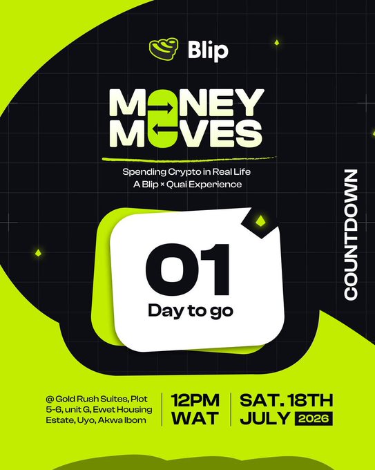 A promotional countdown flyer for 'Blip Money Moves' event about 'Spending Crypto in Real Life - A Blip x Quai Experience', showing '01 Day to go' at Gold Rush Suites, Plot 5-6, unit G, Ewet Housing Estate, Uyo, Akwa Ibom, scheduled for 12PM WAT on Saturday, July 18th, 2026.