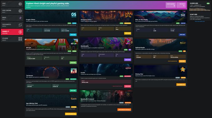 The Hive blockchain gaming center interface displays a variety of available games such as Crypto Shots, Dungeons Crusar, and Rise of the Pixels.