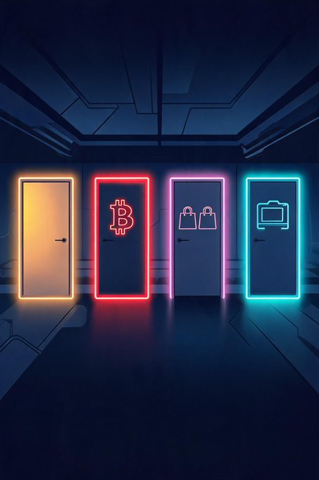 An illustration shows four glowing neon-lit doors in a dark sci-fi corridor, featuring symbols for an exit, Bitcoin, shopping bags, and a briefcase.