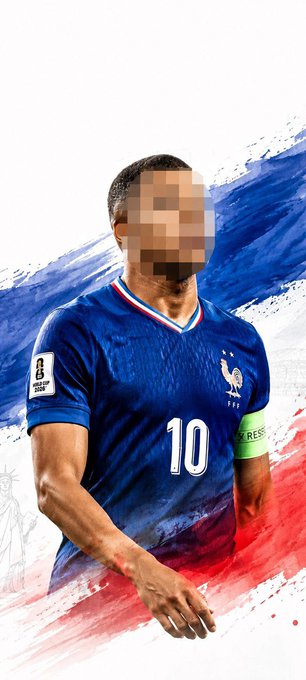 Digital illustration of a French national team soccer player wearing the number 10 jersey, with the face blurred.
