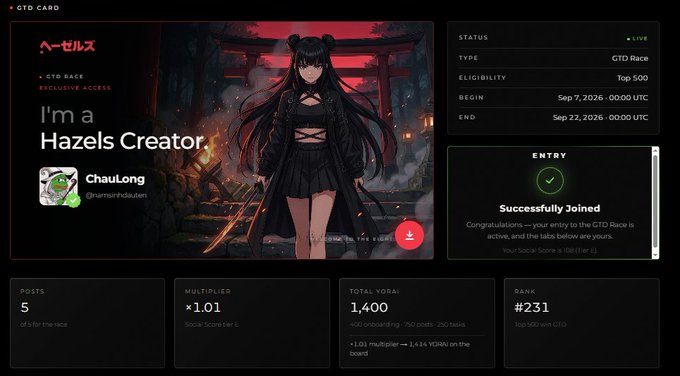 A GTD Card dashboard for 'I'm a Hazels Creator' by ChauLong (@numsinhdeadten), showing a successful entry to a GTD Race that ran from Sep 7-22, 2026, with rank #231.