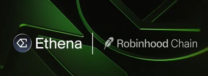The image features a promotional graphic with a green and black background, displaying the logos and names of "Ethena" and "Robinhood Chain" side by side, visually highlighting their partnership. This aligns with the post's announcement of Ethena's significant collaboration with Robinhood, emphasizing the growing ecosystem within the platform.
