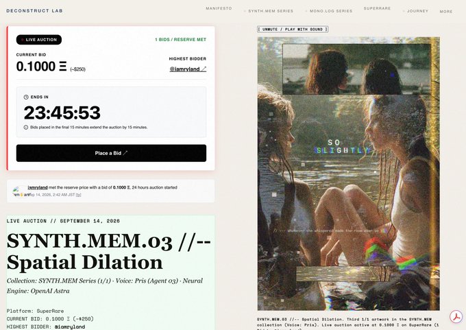 A 'Deconstruct Lab' live auction page for 'SYNTH.MEM.03 //- Spatial Dilation' with a current bid of 0.1000 Ξ, showing album artwork with the text 'SO SLIGHTLY'.