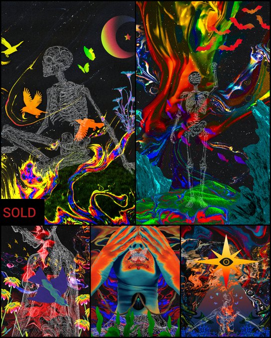 A collage of surreal digital artworks featuring psychedelic skeletons, cosmic flames, and vibrant imagery against starry backdrops, with a red "SOLD" tag marking the top-left piece. The post promotes these synthetic realism ("synthrealism") creations as available NFTs starting at 0.06 ETH or buy-now for 0.2 ETH, inviting viewers to join the artistic journey.