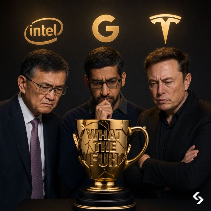 The image depicts three somber-looking executives—representing Intel ($INTC), Google ($GOOGL), and Tesla ($TSLA)—staring down at a cracked golden trophy labeled "WHAT THE FUN," with their respective company logos displayed above each figure. The visual satirizes the post's earnings prediction contest, asking followers to vote on which of the three tech giants will have the worst earnings and "deserve the golden dumpster" this week.
