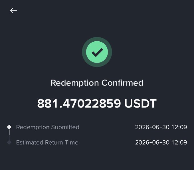 Redemption confirmation screen showing 881.47022859 USDT successfully redeemed, with submission and estimated return time both at 2026-06-30 12:09.