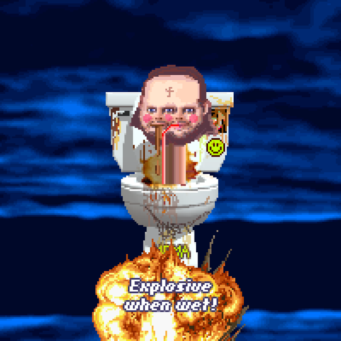 A pixelated parody of the 'Skibidi Rizz' meme showing a man's head emerging from a toilet on a stick with an explosion at the base, labeled 'Explosive when wet!'.