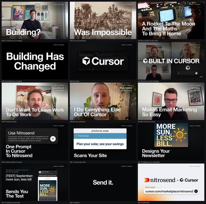 A grid of promotional thumbnails featuring people and graphics with text like 'Building Has Changed', 'Cursor', 'Built In Cursor', 'Don't Want To Leave Work To Do Work', 'One Prompt To Nitrosend', and 'Designs Your Newsletter'.