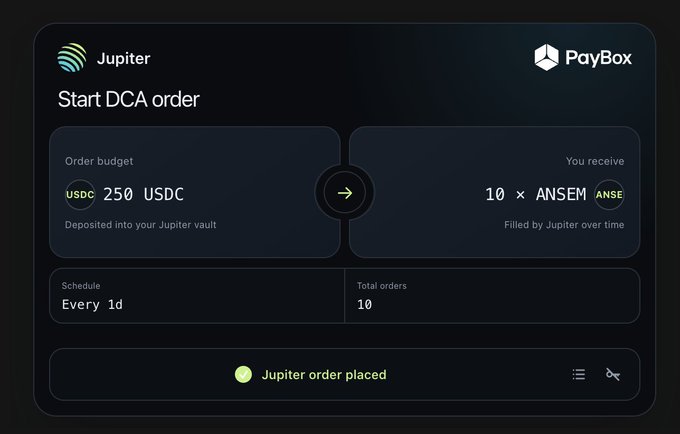 A Jupiter DCA order interface displays a recurring purchase of 250 USDC for 10 ANSEM tokens, scheduled every 1 day for a total of 10 orders, with a confirmation showing "Jupiter order placed"—illustrating the AI-powered DeFi automation referenced in the post about using Claude to set up recurring $25 daily buys of $ANSEM.