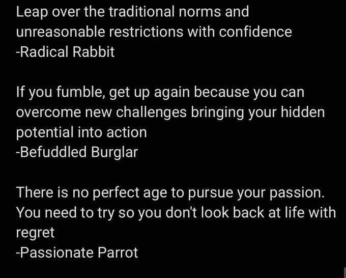 A quote graphic displaying motivational messages attributed to Veefriends characters—Radical Rabbit, Befuddled Burglar, and Passionate Parrot—each encouraging bold action, resilience, and pursuing passion at any age.