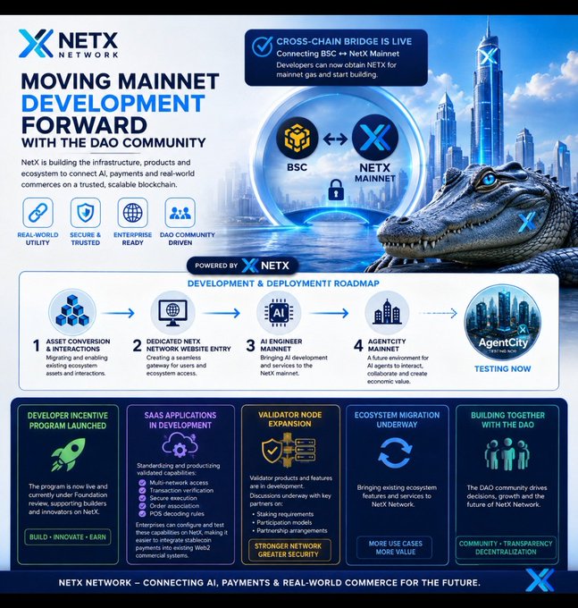 A promotional graphic for 'NETX Network' titled 'Moving Mainnet Development Forward' showcasing a cross-chain bridge between BSC and NetX Mainnet, alongside a development roadmap.