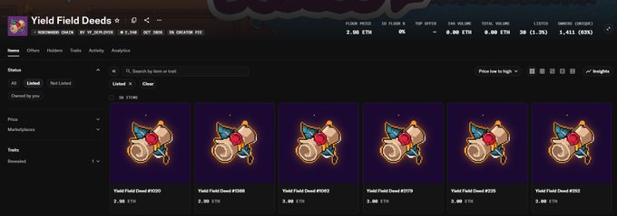 The image shows the Yield Field Deeds NFT collection on OpenSea, displaying six deed listings (#1036, #1086, #1062, #1179, #121, #132) each priced at 3.38 ETH, supporting the post's observation that the floor price is currently holding steady at 3 ETH ahead of trading opening.