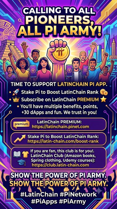 A vibrant purple promotional poster calling 'ALL PIONEERS, ALL PI ARMY!' to support the LatinChain Pi App by staking Pi to boost rank, featuring Pi Network branding, #LatinChain, #PiNetwork, #PiApps, and #PiArmy hashtags.