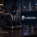 A shadowy figure in a black suit and fedora stands beside a blue-lit cryptocurrency exchange interface displaying the "LITECOIN" ticker, symbolizing the resurgence of $LTC alongside the growth of $SOL.