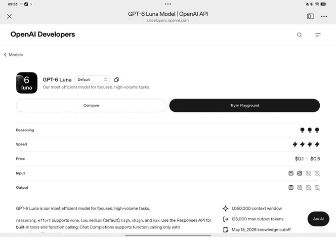 A screenshot of the OpenAI Developers webpage displaying details for the 'GPT-6 Luna' model, noting it as their most efficient model with a 1,050,000 context window and May 18, 2026 knowledge cutoff.