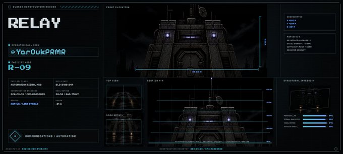 A futuristic, dark-themed digital interface titled 'RELAY' displays a 3D model of a mechanical structure, along with technical readouts for construction, facility class, and structural integrity.
