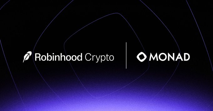 The image features a partnership announcement graphic showing the "Robinhood Crypto" logo alongside the "MONAD" logo, separated by a vertical line on a purple-themed background. This visually represents the integration mentioned in the "gmonad" post, likely announcing that MONAD is being listed or supported on the Robinhood Crypto platform.