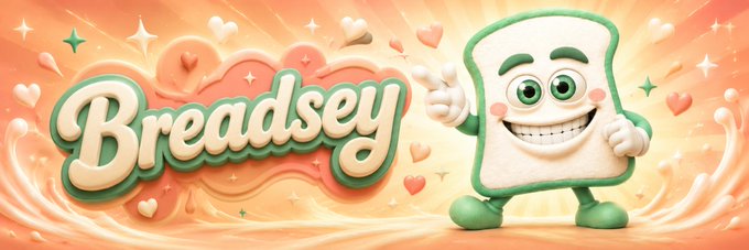 A banner image features the text "Breadsey" in creamy, bubbly lettering alongside a smiling slice-of-bread mascot, set against a warm pastel background with floating hearts and sparkles—perfectly matching the cheerful $Breadsey community banner update on Moby.