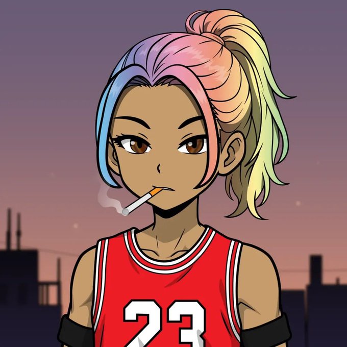 An anime-style illustration shows a character with multi-colored pastel hair in a ponytail, wearing a red basketball jersey with the number 23 and smoking a cigarette.