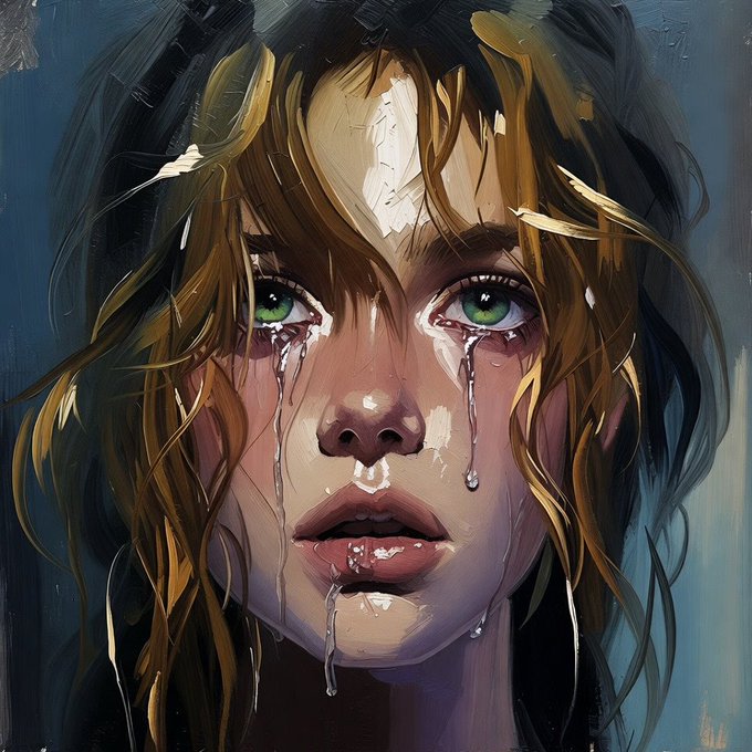 A digital oil painting portrait of a young woman with wet brown hair and green eyes, with visible tears streaming down her face.