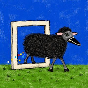 A whimsical, stylized illustration depicts a black sheep with a human-like face walking out of a white picture frame against a blue sky, set on green grass.